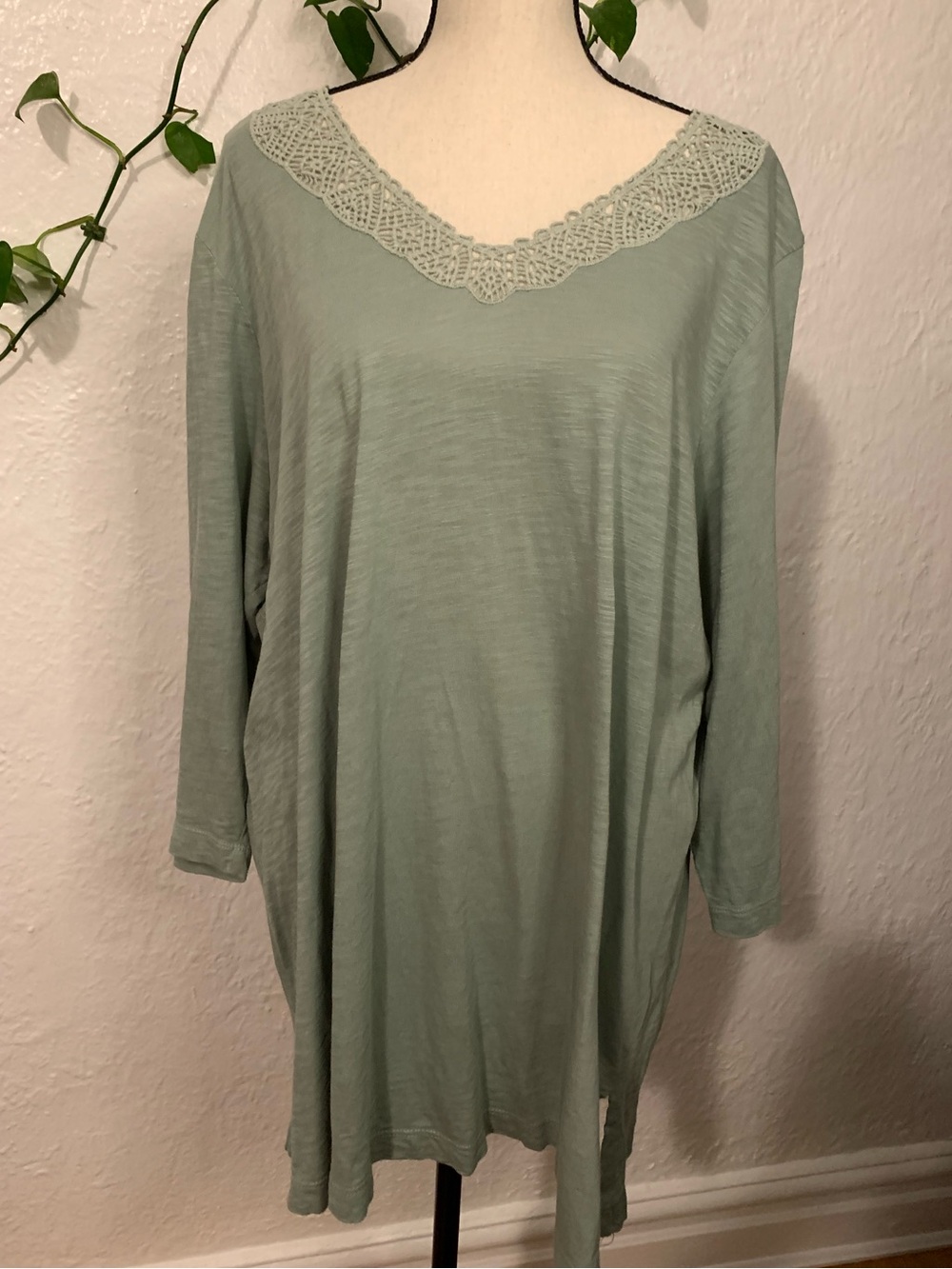 J. Jill Cotton Blend Lace V-Neck Tunic Blouse Top in Green HeatherWomens Size XL